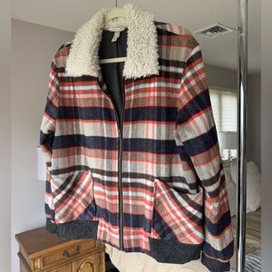 Knox Rose Plaid Bomber Jacket with Cream Sherpa Collar - Navy, Red & Cream, sz L